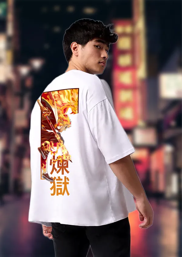 White_Kyojuro_Rengoku_Flame_Edition_Cotton_Oversize_T-Shirt_For_Unisex