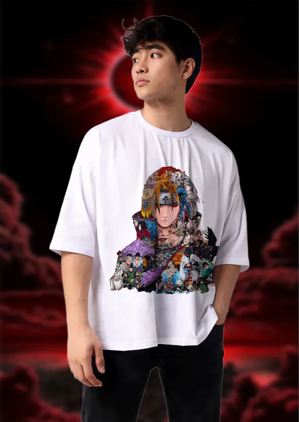 White_Naruto_Shippuden_Itachi_Uchiha__Collage_Edition_Cotton_Premium_&_Elegant_Oversize_T-Shirt_For_Unisex
