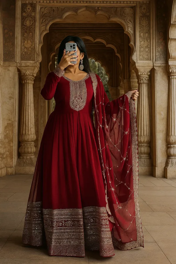 Red_Traditional_Anarkali_Gown_With_Dupatta_|_Embroidered_Details_Long_Sleeves_|_Upto_3XL