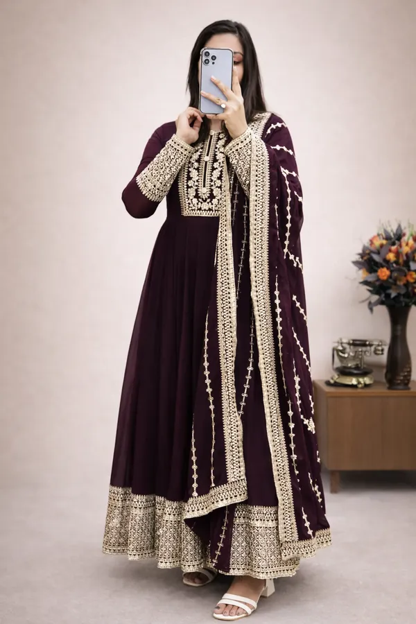Wine_Anarkali_Gown_With_Dupatta_Set_For_Women