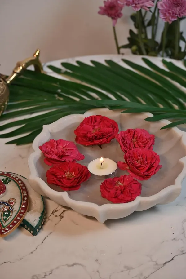 White_Decorative_Marble_Lotus_Bowl_Handcrafted_Floral_Centerpiece_For_Home,_Weddings_&_Festive_Decor,_8_Inch_Uruli