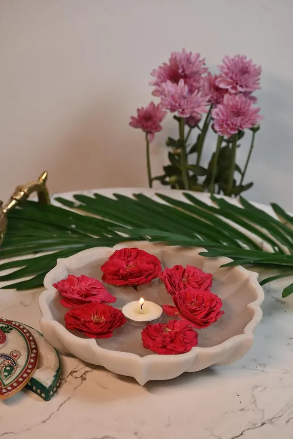White_Decorative_Marble_Lotus_Bowl_Handcrafted_Floral_Centerpiece_For_Home,_Weddings_&_Festive_Decor,_8_Inch_Uruli