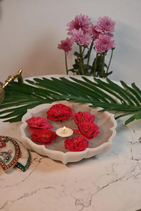 White_Decorative_Marble_Lotus_Bowl_Handcrafted_Floral_Centerpiece_For_Home,_Weddings_&_Festive_Decor,_8_Inch_Uruli