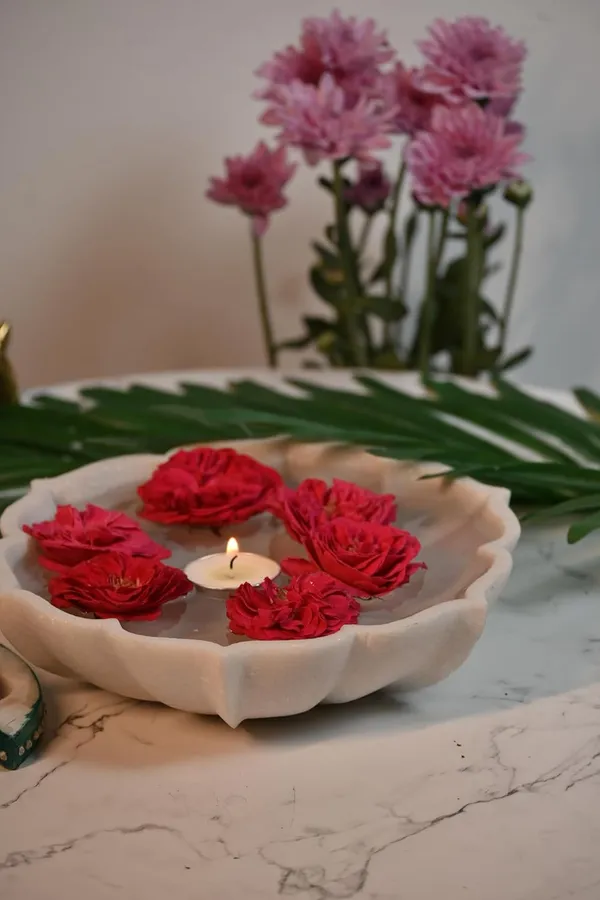 White_Decorative_Marble_Lotus_Bowl_Handcrafted_Floral_Centerpiece_For_Home,_Weddings_&_Festive_Decor,_8_Inch_Uruli