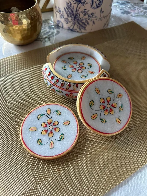 White_Tea/Coffee/Cocktail_Coaster_Round_I_Handmade_Marble_Stone_Coaster_Set_With_Holder_Set_Of_6_Pcs_For_Bar_Wine_Coasters_For_Table