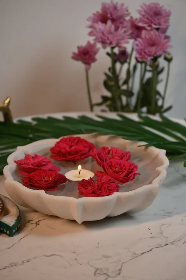 White_Decorative_Marble_Lotus_Bowl_Handcrafted_Floral_Centerpiece_For_Home,_Weddings_&_Festive_Decor,_8_Inch_Uruli