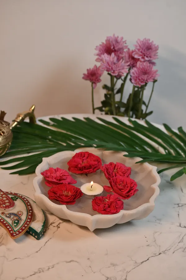 White_Decorative_Marble_Lotus_Bowl_Handcrafted_Floral_Centerpiece_For_Home,_Weddings_&_Festive_Decor,_8_Inch_Uruli