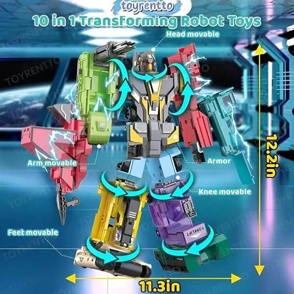 Multicolor_10-In-1_Transforming_Robot_Toy_12.2"_Tall_Action_Figure_With_Movable_Parts,_Educational_Construction_Set_For_Kids,_Vehicles_Combine_Into_Giant_Mech_Boys_Gift_Age_6+