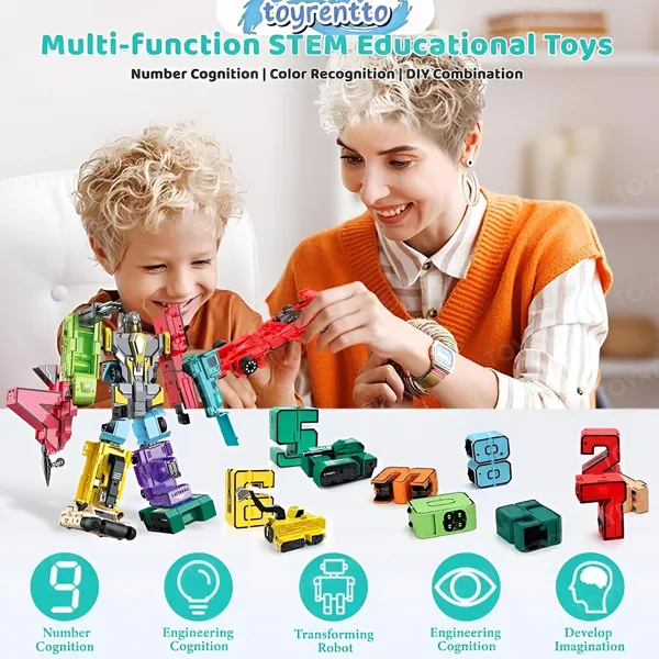 Multicolor_10-In-1_Transforming_Robot_Toy_12.2"_Tall_Action_Figure_With_Movable_Parts,_Educational_Construction_Set_For_Kids,_Vehicles_Combine_Into_Giant_Mech_Boys_Gift_Age_6+