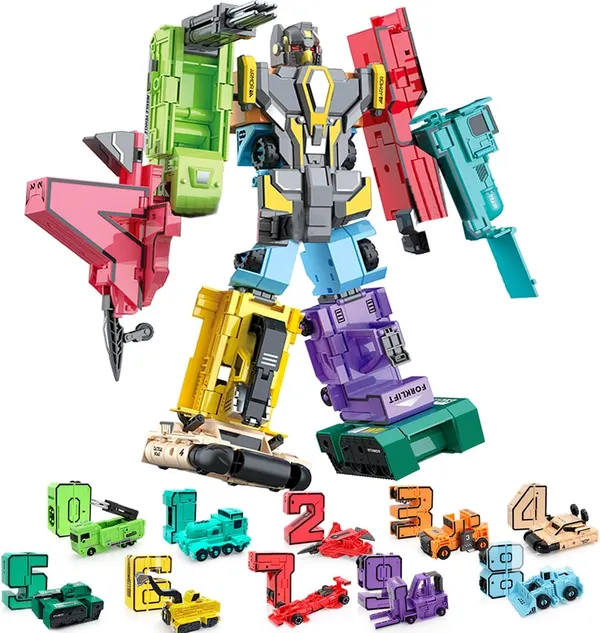 Multicolor_10-In-1_Transforming_Robot_Toy_12.2"_Tall_Action_Figure_With_Movable_Parts,_Educational_Construction_Set_For_Kids,_Vehicles_Combine_Into_Giant_Mech_Boys_Gift_Age_6+
