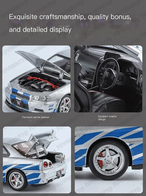 White_1:24_Nissan_Gt_R34_Skyline_Die-Cast_Car_Toy_Alloy_Pullback_Model_With_Lights,_Sound_&_Opening_Doors_Realistic_Sports_Car_Toy_For_Kids_&_Collectors_White