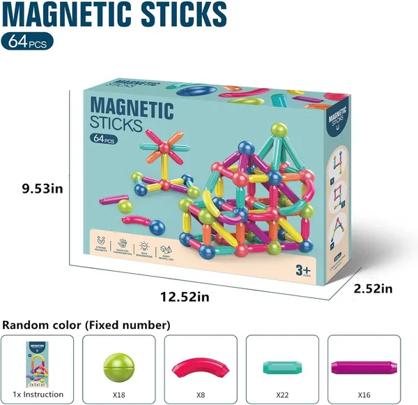 Multicolor_64_Piece_Magnetic_Balls_And_Sticks_Set,Magnetic_Building_Toys_Colorful_Diy_Stem_Building_Blocks_Sticks_For_Ages_3+_Year_Old_Children_Boy_Girl_Educational_Construction_Toy