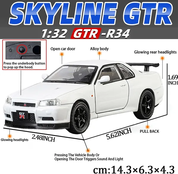 White_1/32_Skyline_Gtr_R34_Model_Car_Die-Cast_Toy_Cars_Metal_Model_Car_Toys_With_Light_And_Sound_Pull_Back_Collectible_Model_For_Children_Age_3_+_Year_Old_Festival_Gift_White