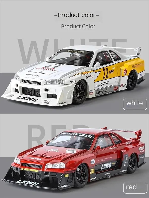 White_1:24_Nissan_Skyline_Gt-R_R34_Diecast_Model_Car_Liberty_Walk_Modified_Jdm_Toy_Vehicle_With_Lights_&_Sounds,_Free_Wheel_Action,_For_Kids_&_Collectors_White