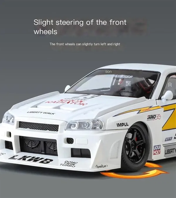 White_1:24_Nissan_Skyline_Gt-R_R34_Diecast_Model_Car_Liberty_Walk_Modified_Jdm_Toy_Vehicle_With_Lights_&_Sounds,_Free_Wheel_Action,_For_Kids_&_Collectors_White