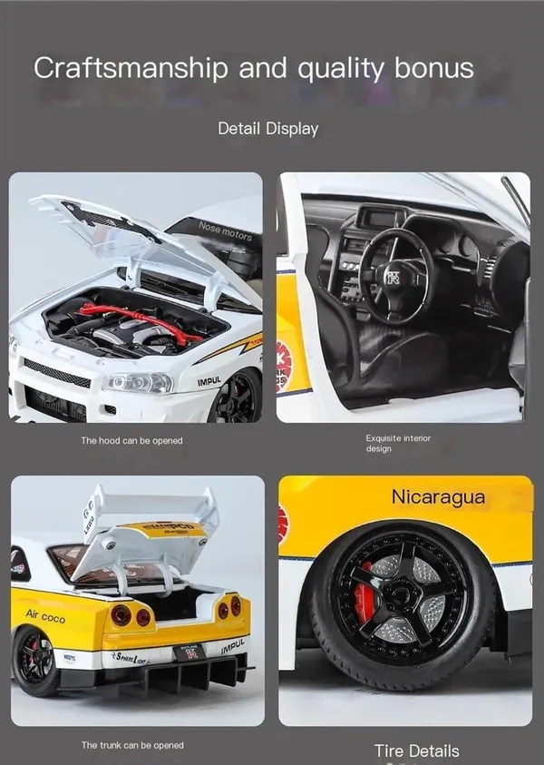 White_1:24_Nissan_Skyline_Gt-R_R34_Diecast_Model_Car_Liberty_Walk_Modified_Jdm_Toy_Vehicle_With_Lights_&_Sounds,_Free_Wheel_Action,_For_Kids_&_Collectors_White