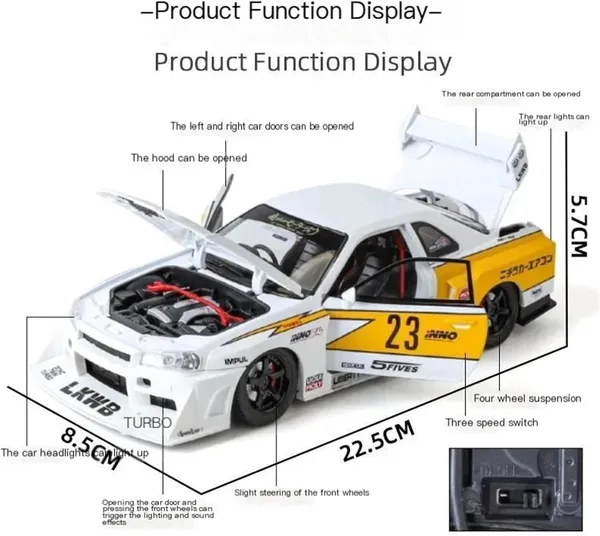 White_1:24_Nissan_Skyline_Gt-R_R34_Diecast_Model_Car_Liberty_Walk_Modified_Jdm_Toy_Vehicle_With_Lights_&_Sounds,_Free_Wheel_Action,_For_Kids_&_Collectors_White