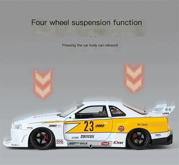 White_1:24_Nissan_Skyline_Gt-R_R34_Diecast_Model_Car_Liberty_Walk_Modified_Jdm_Toy_Vehicle_With_Lights_&_Sounds,_Free_Wheel_Action,_For_Kids_&_Collectors_White