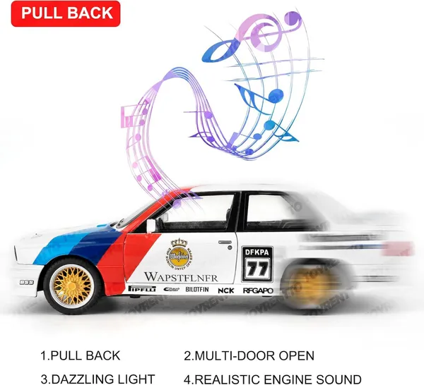 White_1/24_M3_Model_Car_In_Painted_Design,_Die-Cast_Aluminium_Toy_Car_With_Sound_And_Light_Function_And_Pull_Back_Function,_Collector'S_Model,_Gift_For_Children_White