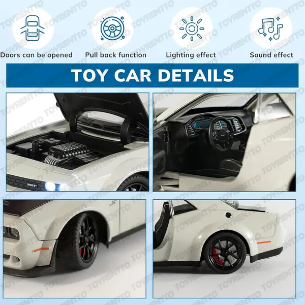 White_1:24_Dodge_Challenger_Srt_Hellcat_Die-Cast_Car_Toy_Pull_Back_Muscle_Car_With_Led_Lights,_Realistic_Engine_Sound,_Horn_In_Steering,Metal_Model_Vehicle_For_Boys,_Kids_&_Collectors