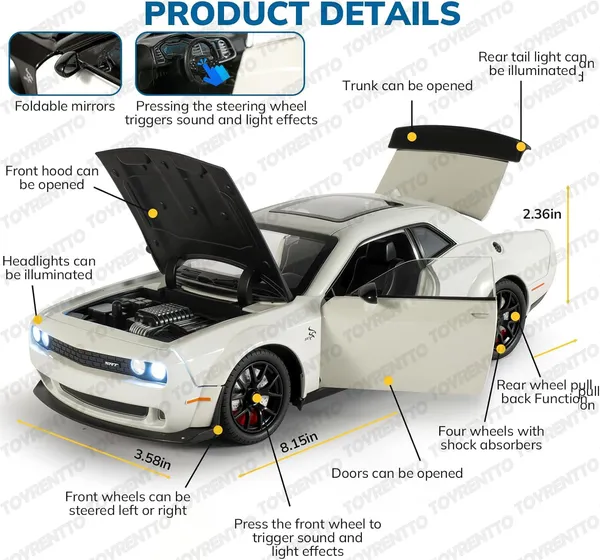 White_1:24_Dodge_Challenger_Srt_Hellcat_Die-Cast_Car_Toy_Pull_Back_Muscle_Car_With_Led_Lights,_Realistic_Engine_Sound,_Horn_In_Steering,Metal_Model_Vehicle_For_Boys,_Kids_&_Collectors