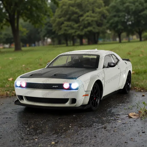 White_1:24_Dodge_Challenger_Srt_Hellcat_Die-Cast_Car_Toy_Pull_Back_Muscle_Car_With_Led_Lights,_Realistic_Engine_Sound,_Horn_In_Steering,Metal_Model_Vehicle_For_Boys,_Kids_&_Collectors