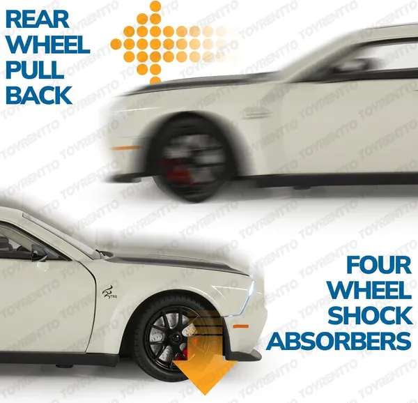 White_1:24_Dodge_Challenger_Srt_Hellcat_Die-Cast_Car_Toy_Pull_Back_Muscle_Car_With_Led_Lights,_Realistic_Engine_Sound,_Horn_In_Steering,Metal_Model_Vehicle_For_Boys,_Kids_&_Collectors