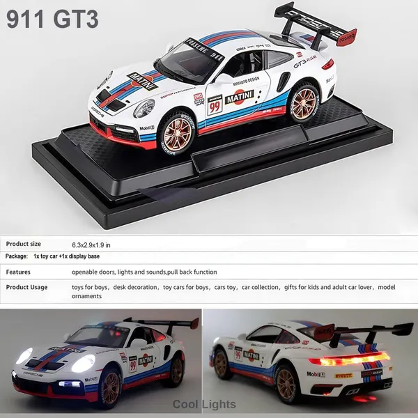 White_1:32_911_Gt3_Rs_Rsr_Turbo_S_Matini_Diecast_Model_Cars_For_Kids,Pull_Back_Car_With_Light,Sound_And_Arcylic_Sheet_Frame_For_Safety_Sports_Race_Car_For_Boys_Age_4-7_Gifts_White_Blue