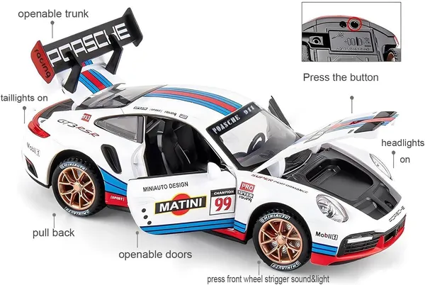 White_1:32_911_Gt3_Rs_Rsr_Turbo_S_Matini_Diecast_Model_Cars_For_Kids,Pull_Back_Car_With_Light,Sound_And_Arcylic_Sheet_Frame_For_Safety_Sports_Race_Car_For_Boys_Age_4-7_Gifts_White_Blue