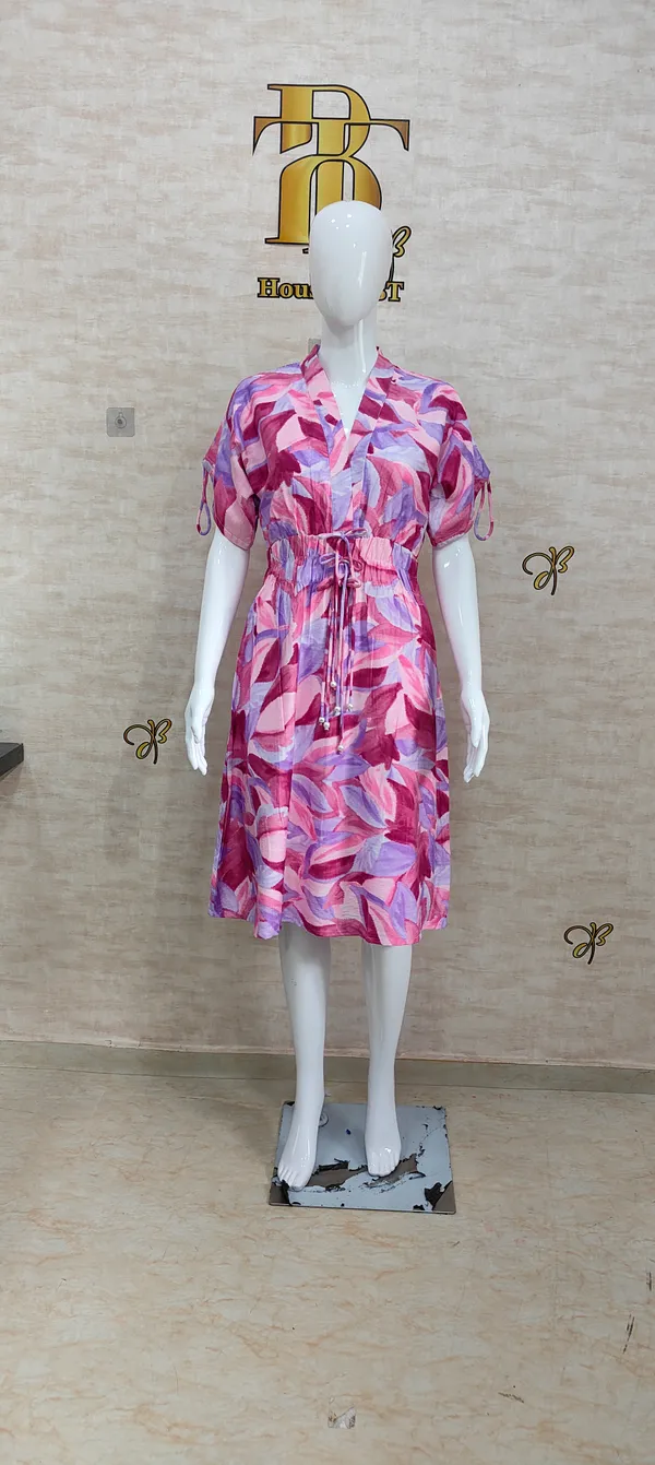 Pink_Rayon_Blend_Leafy_Print_Drawstring_Dress_For_Women_&_Girls