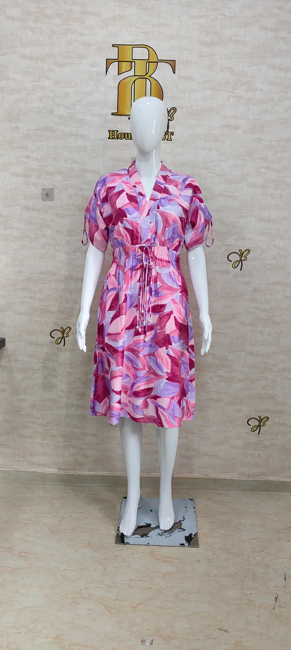 Pink_Rayon_Blend_Leafy_Print_Drawstring_Dress_For_Women_&_Girls