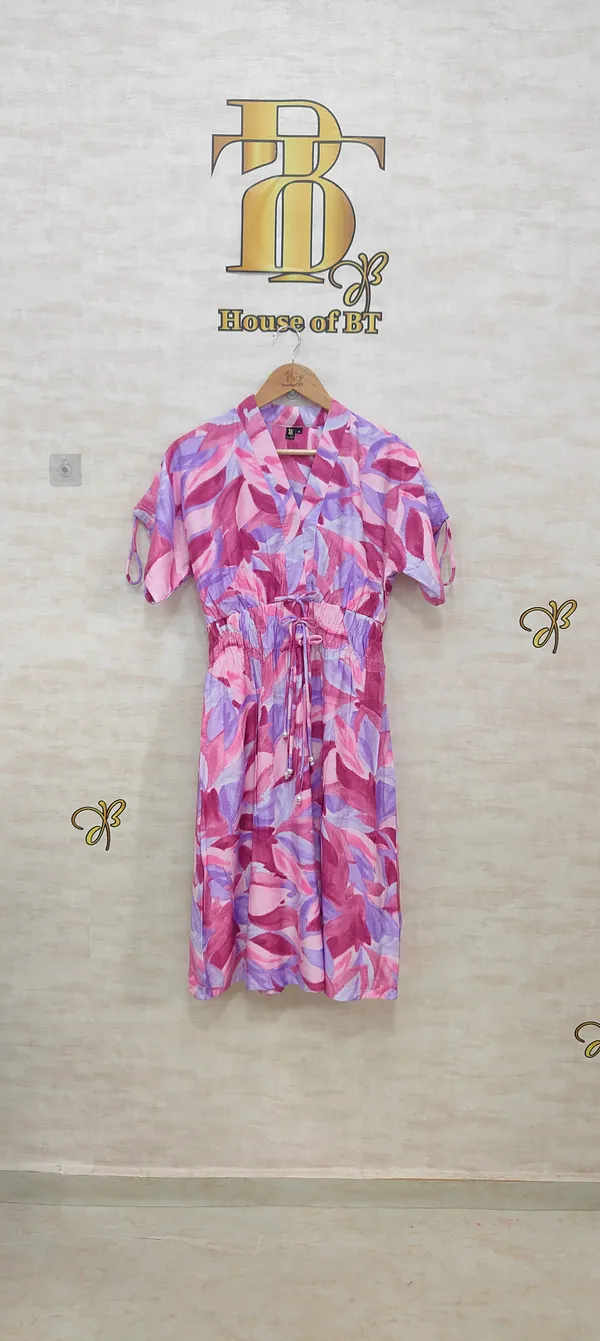 Pink_Rayon_Blend_Leafy_Print_Drawstring_Dress_For_Women_&_Girls