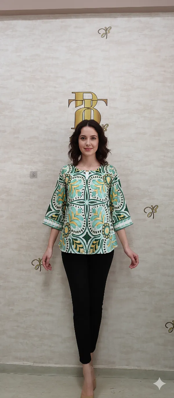 Green_Satin_Vibrant_Tile_Print_Satin_Top_For_Women_&_Girls