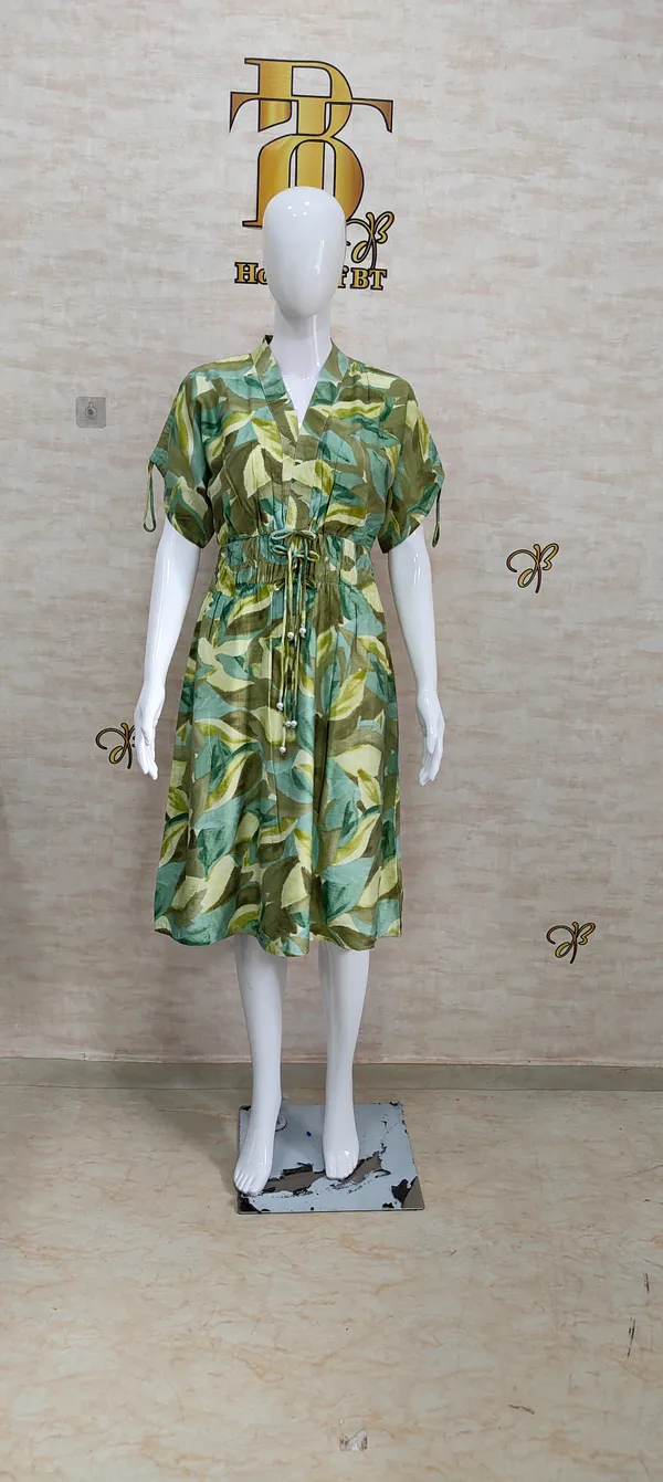 Green_Rayon_Blend_Leafy_Print_Drawstring_Dress_For_Women_&_Girls