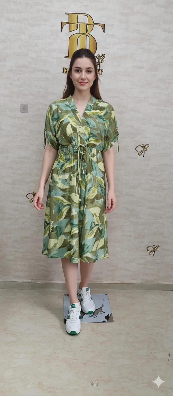 Green_Rayon_Blend_Leafy_Print_Drawstring_Dress_For_Women_&_Girls
