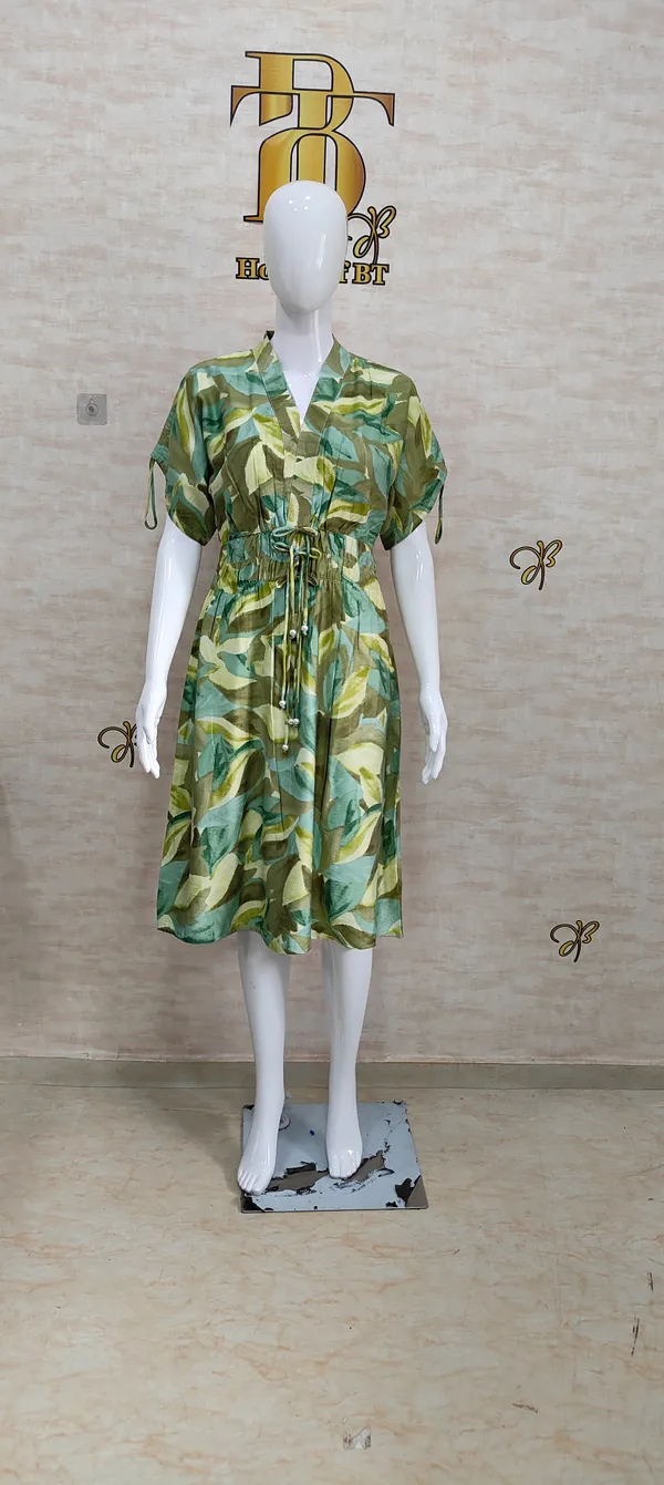 Green_Rayon_Blend_Leafy_Print_Drawstring_Dress_For_Women_&_Girls