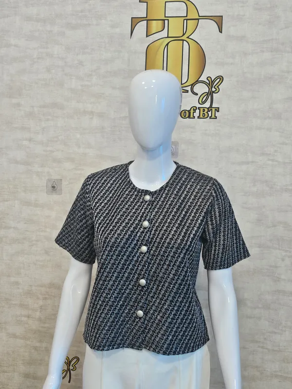 Charcoal_Black_Cotton_Blend_Short_Sleeved_Tweed_Crop_Shirt_For_Women_&_Girls