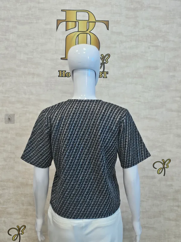 Charcoal_Black_Cotton_Blend_Short_Sleeved_Tweed_Crop_Shirt_For_Women_&_Girls