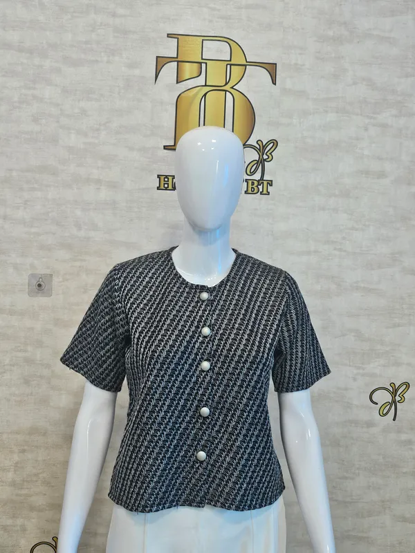 Charcoal_Black_Cotton_Blend_Short_Sleeved_Tweed_Crop_Shirt_For_Women_&_Girls
