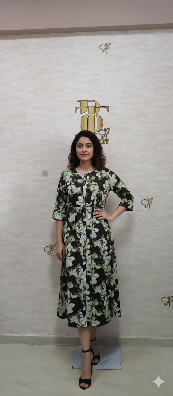 Green_Poly_Floral_Flared_Dress_For_Women_&_Girls