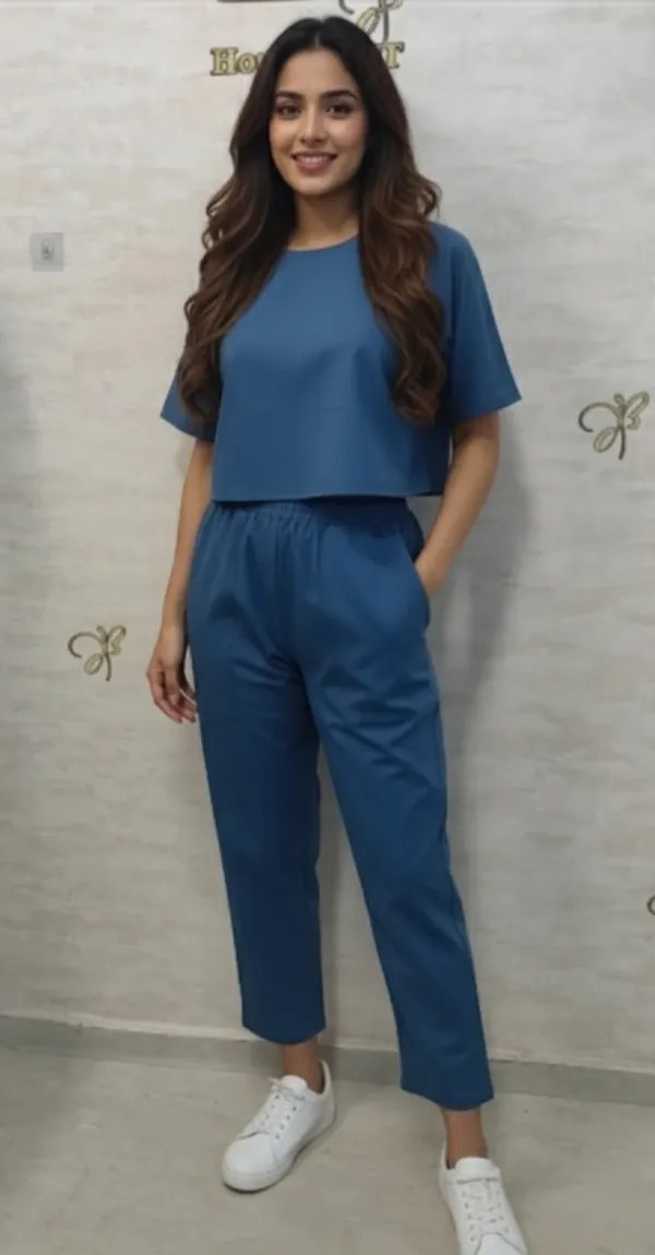 Blue_Rayon,_Nylon_&_Spandex_Drop_Shoulder_Crop_Top_For_Women_&_Girls