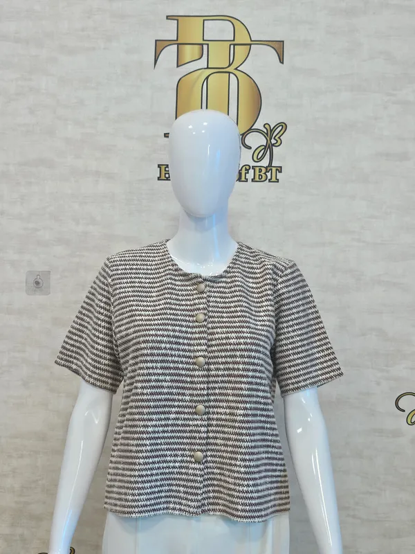 Brown_Cotton_Blend_Short_Sleeved_Tweed_Crop_Shirt_For_Women_&_Girls