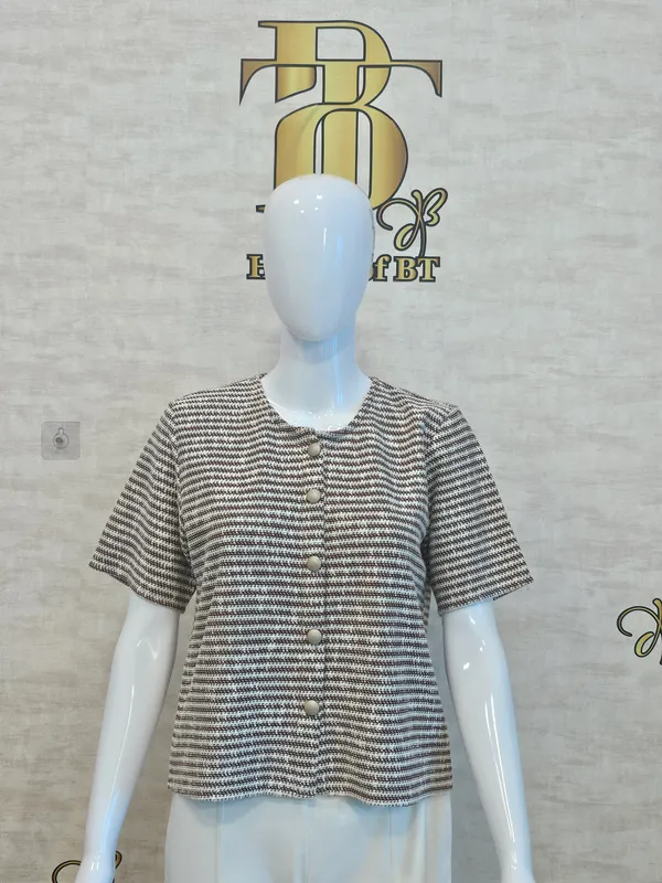 Brown_Cotton_Blend_Short_Sleeved_Tweed_Crop_Shirt_For_Women_&_Girls