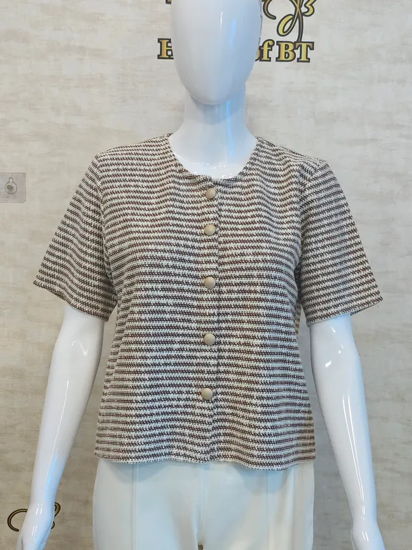Brown_Cotton_Blend_Short_Sleeved_Tweed_Crop_Shirt_For_Women_&_Girls