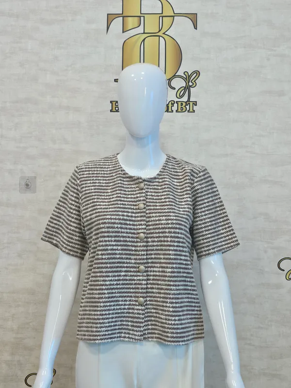 Brown_Cotton_Blend_Short_Sleeved_Tweed_Crop_Shirt_For_Women_&_Girls