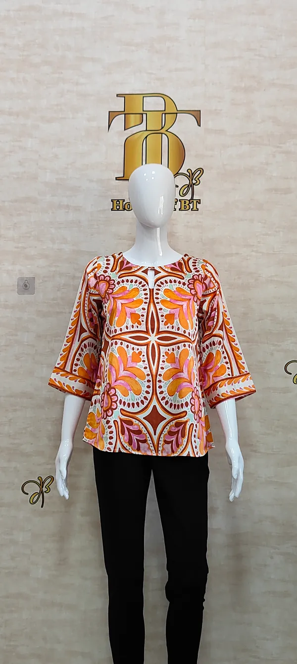 Orange_Satin_Vibrant_Tile_Print_Satin_Top_For_Women_&_Girls
