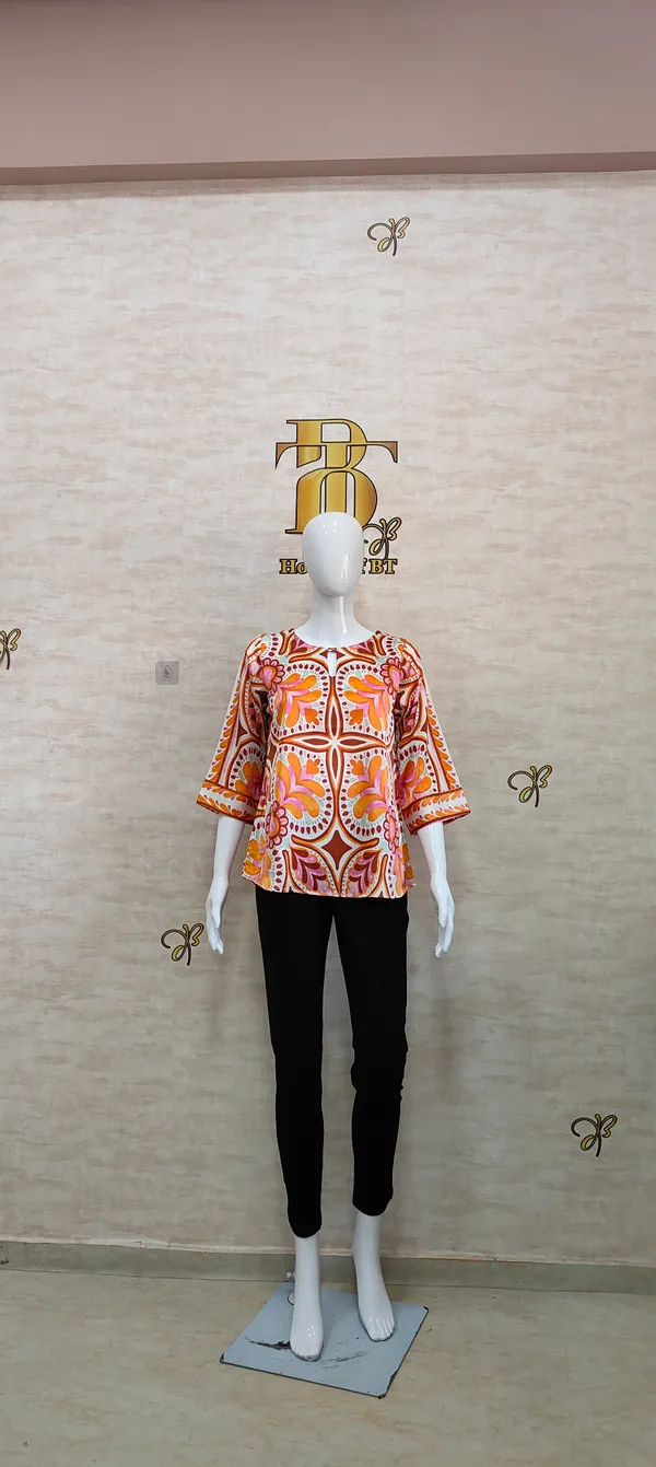 Orange_Satin_Vibrant_Tile_Print_Satin_Top_For_Women_&_Girls