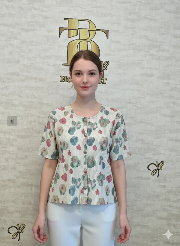 White_Cotton_Blend_Short_Sleeved_Tweed_Crop_Shirt_For_Women_&_Girls
