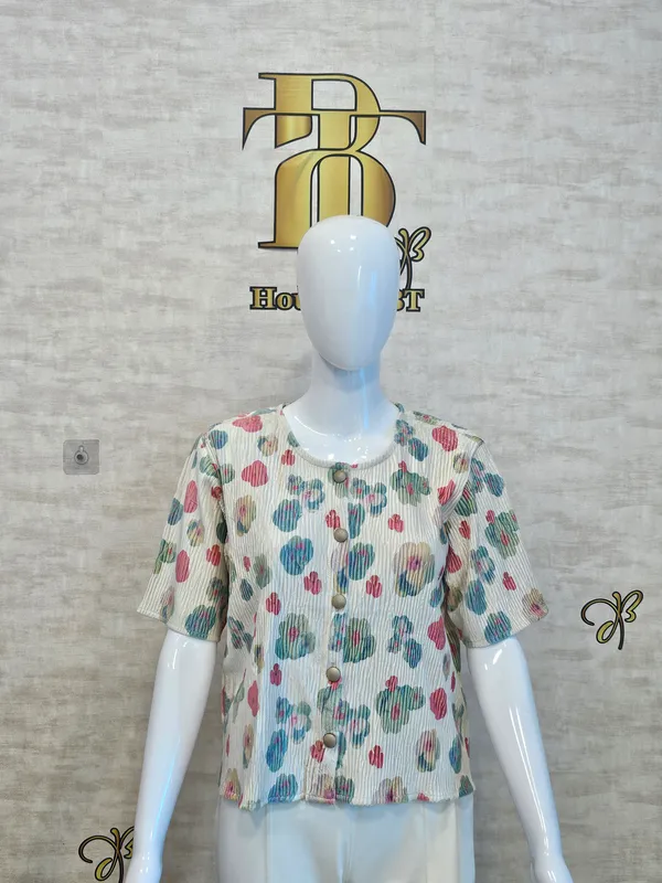 White_Cotton_Blend_Short_Sleeved_Tweed_Crop_Shirt_For_Women_&_Girls