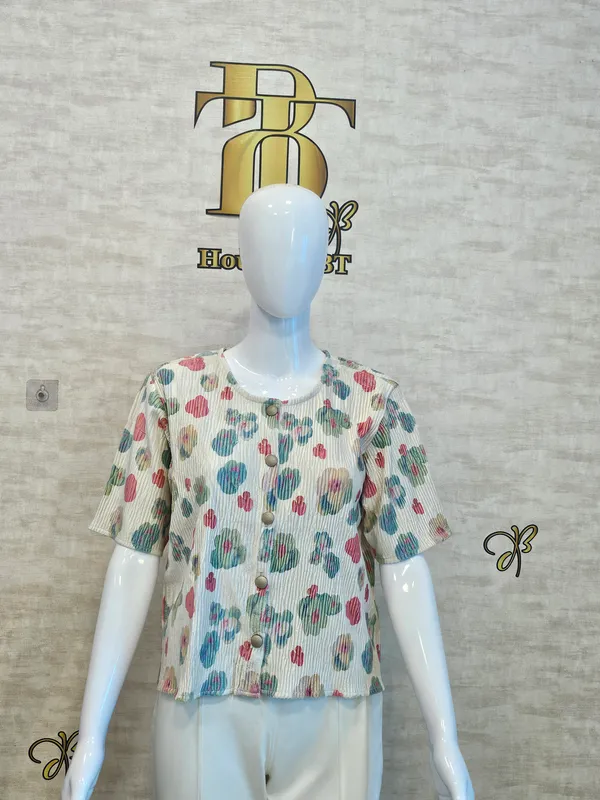 White_Cotton_Blend_Short_Sleeved_Tweed_Crop_Shirt_For_Women_&_Girls
